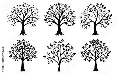 Collection of stylized black silhouette trees with detailed branches and leaves.