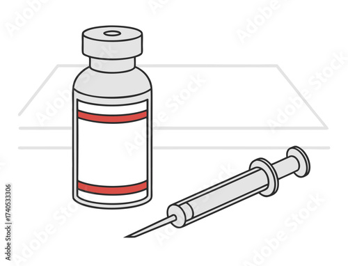 Vaccine vial and syringe on a white surface ready for injection
