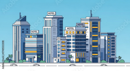 Illustration of a cityscape with several hotels palm trees and cars on a road under a blue sky