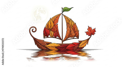 Illustration of a boat made of autumn leaves sailing on water with reflections under a bright moonlit sky