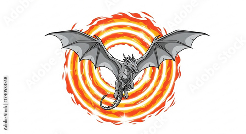 Illustration of a silver dragon with wings spread flying in front of a fiery orange and yellow portal