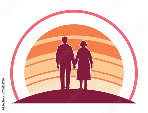 Elderly Couple Silhouette Holding Hands Against a Stylized Sunset Graphic