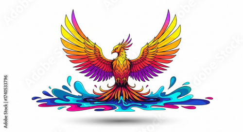 Illustration of a colorful phoenix with outstretched wings rising from stylized blue and pink water splashes