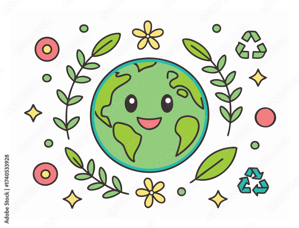 Fototapeta premium Cute cartoon Earth illustration for environmental awareness and conservation themes