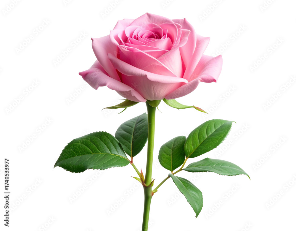Obraz premium Single Fresh Pink Rose with Stem and Leaves, Angled Side View, Isolated on White
