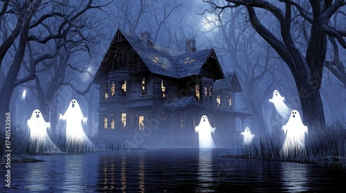 Ghostly figures haunt abandoned house at midnight in spooky forest scene digital art eerie atmosphere