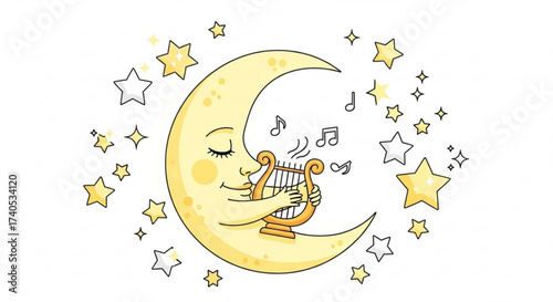 Crescent moon character playing a golden harp surrounded by sparkling yellow and white stars illustration