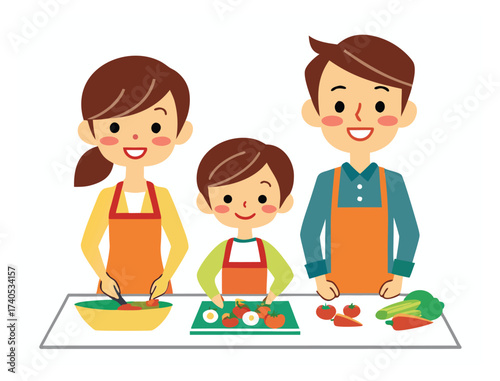 Happy family preparing healthy food together in the kitchen smiling vector