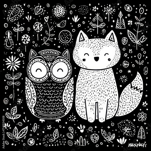 Charming owl and fox characters whimsical art digital illustration black and white playful concept