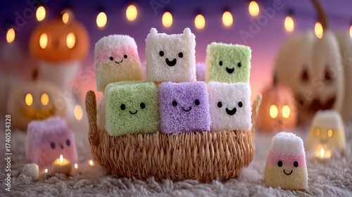 Cute marshmallow characters celebrate halloween in a cozy pumpkin patch fun food photography whimsical atmosphere
