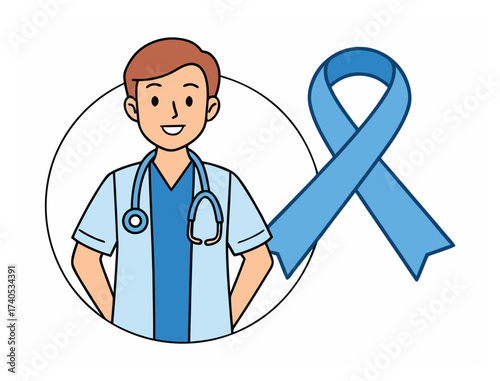 Cartoon doctor with light blue ribbon for prostate cancer awareness