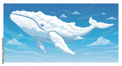 A cloud whale swims in a blue sky with scattered clouds creating a whimsical and dreamlike atmosphere scene