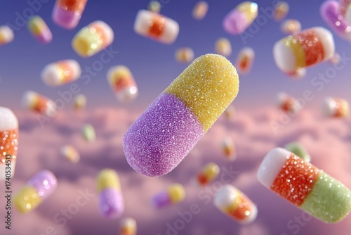 Vibrant floating capsules cloudy sky digital art colorful environment abstract viewpoint wellness concept