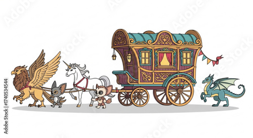 Cartoon caravan pulled by griffin, fox, unicorn, and fennec fox, with a dragon standing beside it