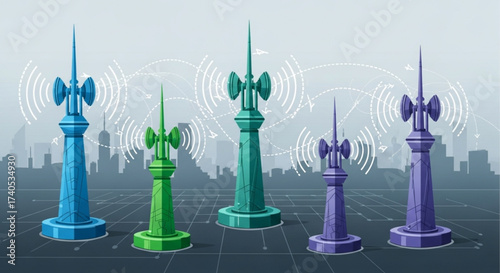 Illustration of five communication towers of varying heights and colors against a cityscape backdrop with signals