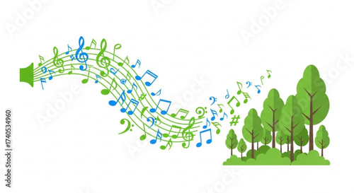 Green speaker emitting blue and green musical notes flowing towards a group of green trees in a forest