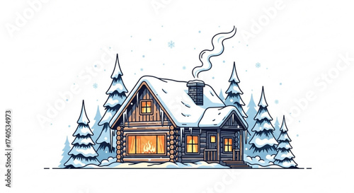 A cozy cabin in a snowy landscape with smoke rising from the chimney and trees covered in snow visible