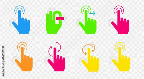 Illustration showing various hand gestures including tapping, sliding, and rotating on a transparent grid