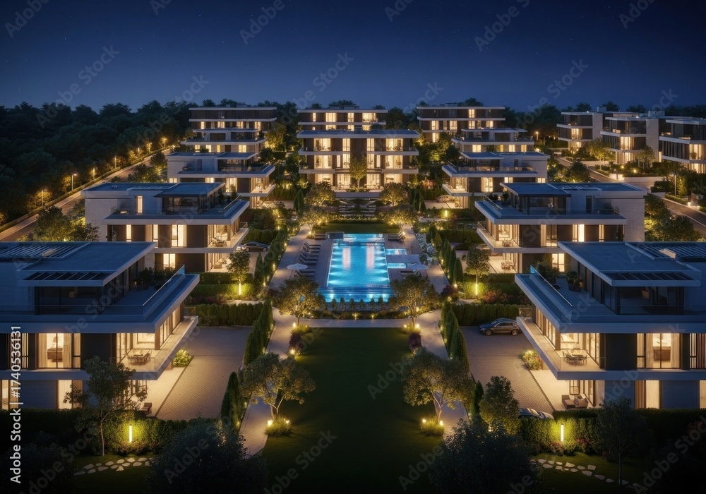 Obraz premium Symmetrical view of luxury villas at dusk, centered on a bright blue pool