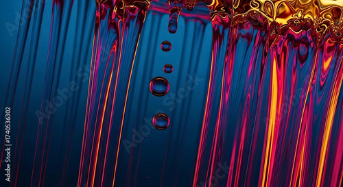 Elegant abstract artwork of cascading liquid streams with iridescent bubbles, glowing in ocean blue, electric pink, and amber light.