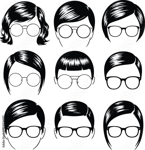 Set of Black and White Icons Showing Various Hairstyle and Eyeglasses Combinations, Different Haircuts and Spectacles for Male and Female Avatars.