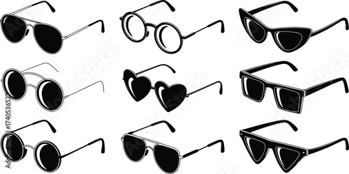 Variety of Sunglasses and Eyewear Silhouettes in Black and White, Collection of Different Styles Including Aviator, Heart-Shaped, and Retro Glasses, Vector Illustration.