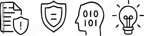 Set of four icons representing data security protection artificial intelligence and innovation.