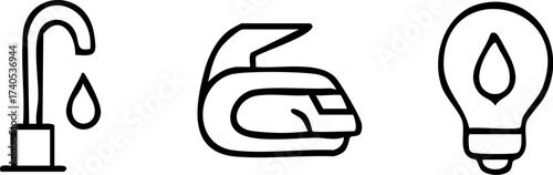 Set of three icons faucet with dripping water electric train and light bulb with water drop.