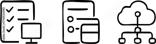 Set of three icons representing business and technology concepts.