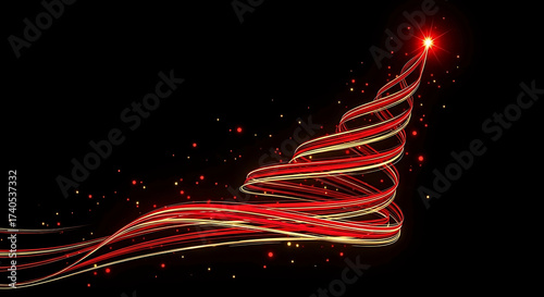 Artistic Christmas tree formed by swirling red and gold strokes on black velvet background with glowing festive bokeh lights.