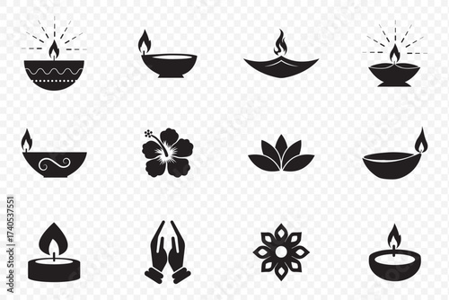 Diwali Diyas Silhouette Set – Festival of Lights Vector Icons Traditional Diya Silhouettes – Indian Diwali Celebration Graphic Set