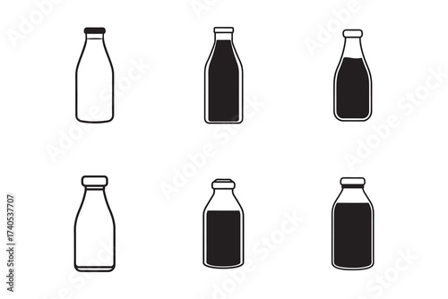 Black and white milk bottles vector illustration for dairy farm and packaging designs various fill levels