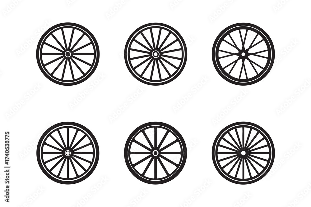 Fototapeta premium Collection of Bicycle Wheel Vector Graphics with Spokes and Circular Design for Transportation and Motion