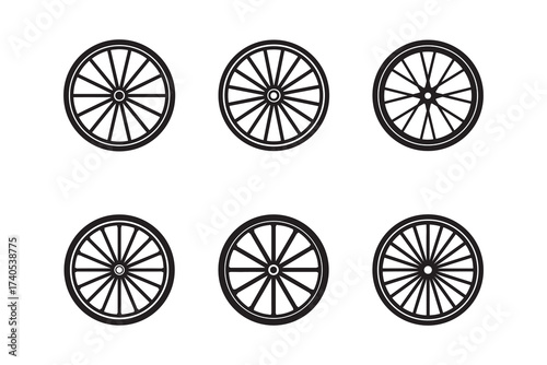 Collection of Bicycle Wheel Vector Graphics with Spokes and Circular Design for Transportation and Motion