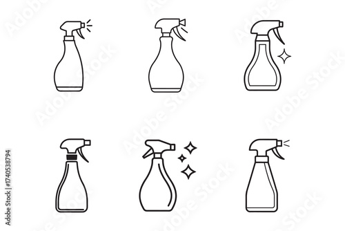 Cleaning Spray Bottle Icon Set Vector Illustration Minimalist Line Art Style for Hygiene and Disinfection Concepts