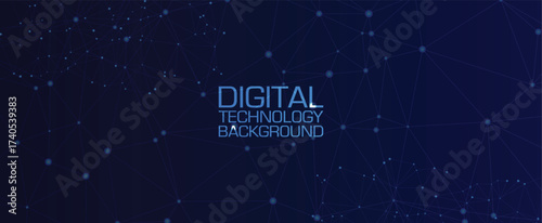 Digital technology background with glowing network connections on dark blue.