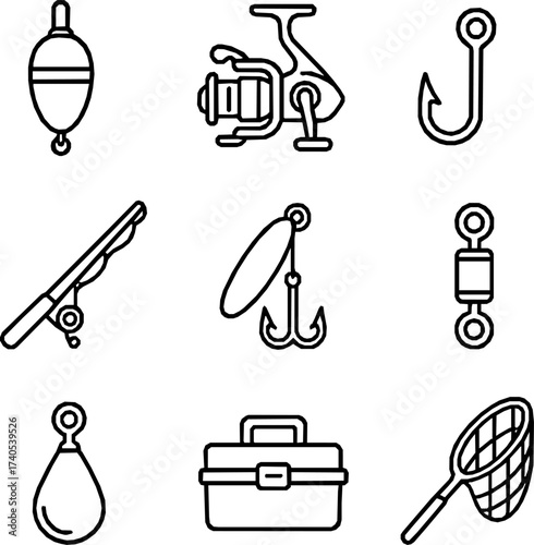 Fishing Gear Vector Icons — 9 Detailed Monoline Outlines