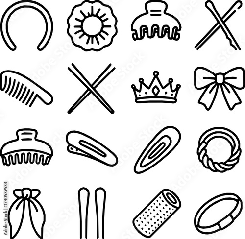Premium Hair Accessories — 16 High-Detail Vector Line Icons