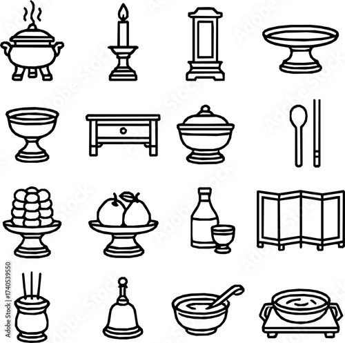 Korean Jesa Ritual Icons — 16 Minimal Line Vector Set