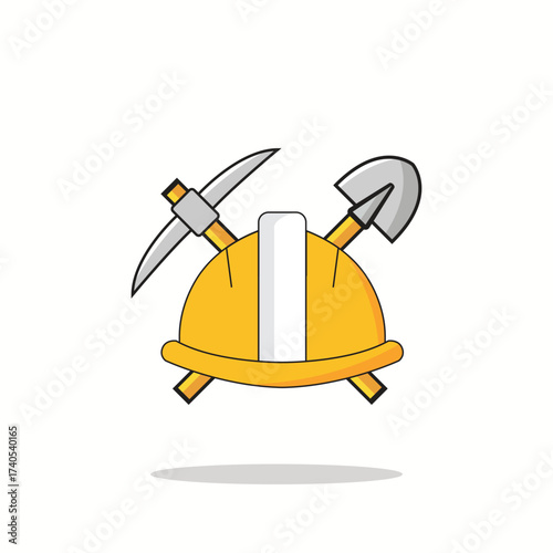 Yellow construction helmet with pickaxe and shovel