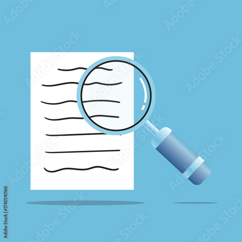 Magnifying glass over document on blue background, representing research and analysis