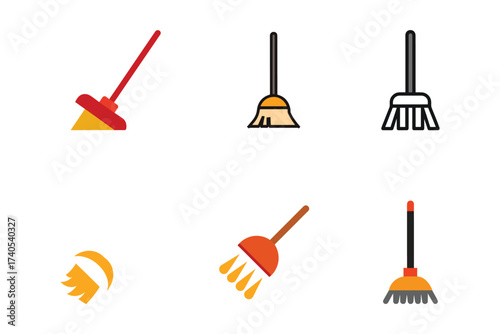 Collection of Colorful Broom Icons for Cleaning and Household Tasks Vector Set Illustration in Minimalist Style and Bold Colors