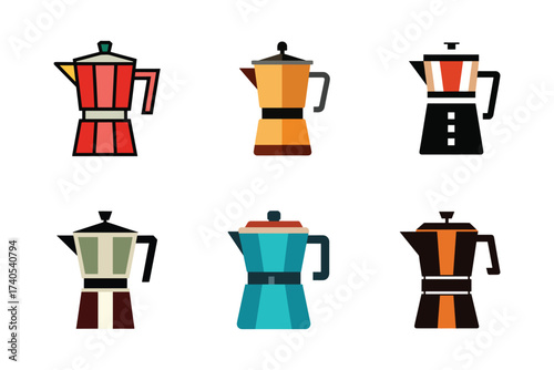 Collection of Colorful Moka Pots for Coffee Brewing on White Background in Flat Design Style Perfect for Cafe Menu or Decoration
