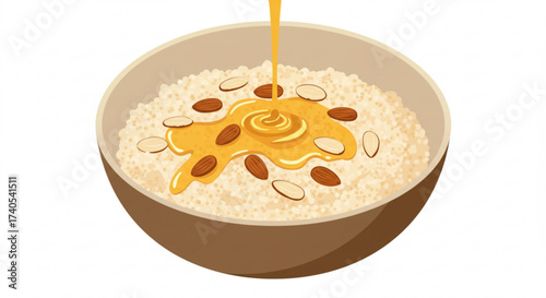Amaranth porridge with honey and almonds in a brown bowl  