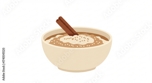 Amaranth porridge with cinnamon stick in a beige bowl  