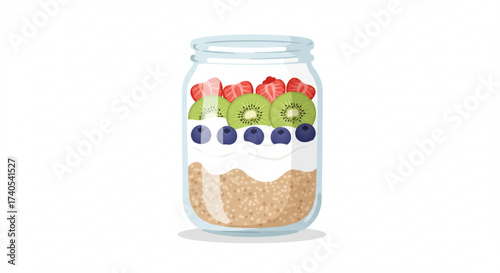Layered amaranth porridge with fruits in glass jar  