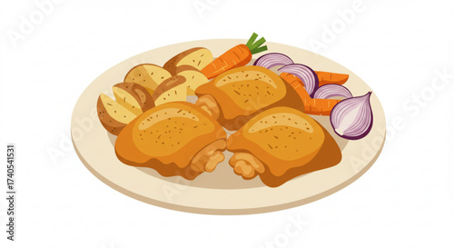Baked chicken thighs served with potatoes, carrots, and onions  