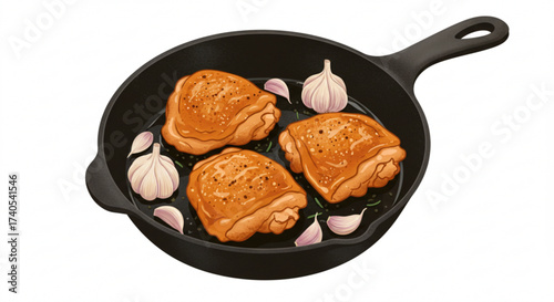 Baked chicken thighs with garlic in a cast iron skillet  
