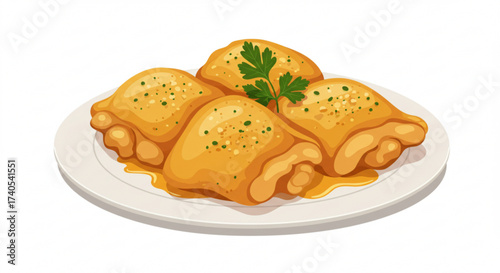 Baked chicken thighs on a plate garnished with herbs  