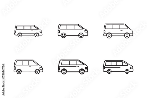 Collection of Minimalist Van Icons Depicting Transportation and Vehicle Concepts for Graphic Design and Automotive Industry Uses